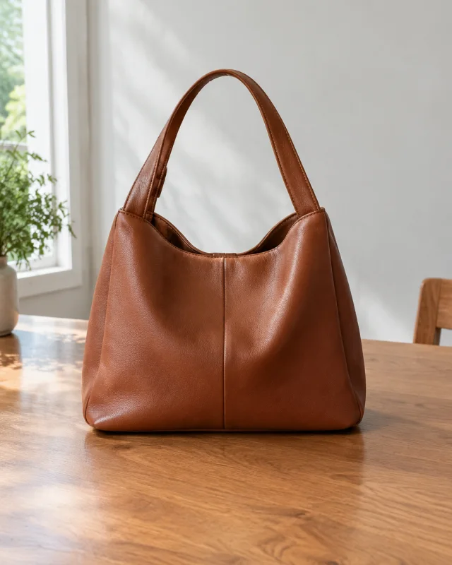 Plain cognac leather handbag on a wood table.