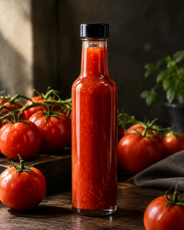 A glass bottle of red sauce with a blank label and black cap among ripe tomatoes on a dark wood table.