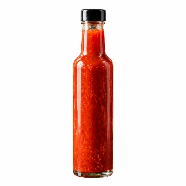 A glass bottle of red sauce with a blank label and black cap centered on a white background.