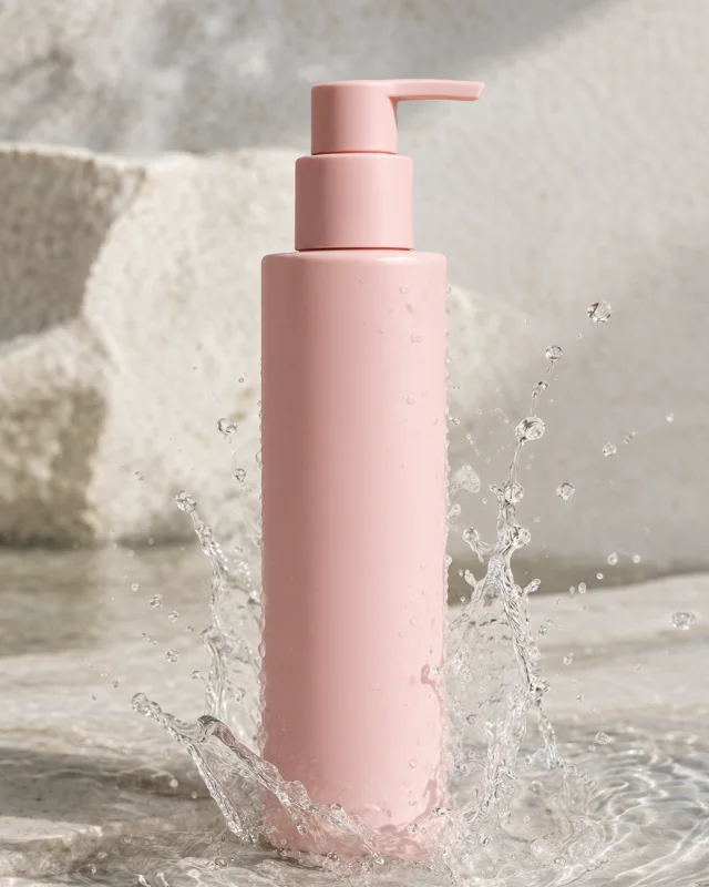 A blank blush-pink pump bottle with a splash of water around its base.