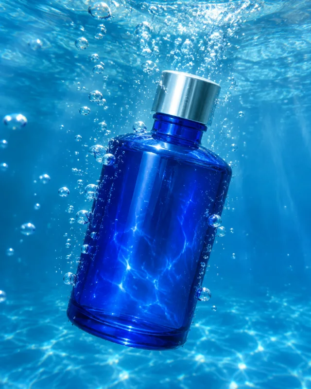 A round cobalt-blue glass bottle with a silver cap underwater.