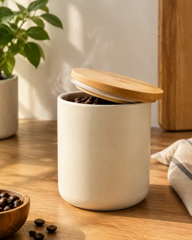 A cream ceramic canister with an open wood lid and steam rising on a wood counter.