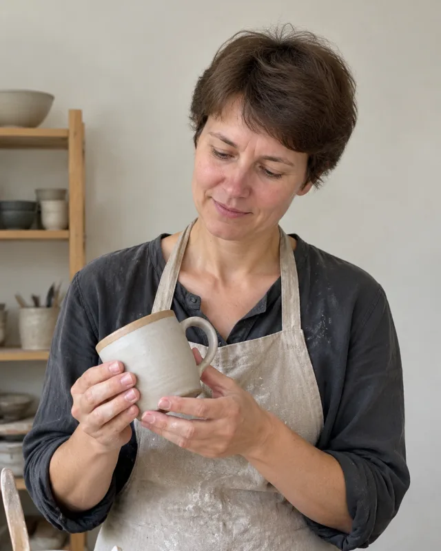 A woman with short brown hair turns a plain stoneware mug in both hands at a pottery bench.