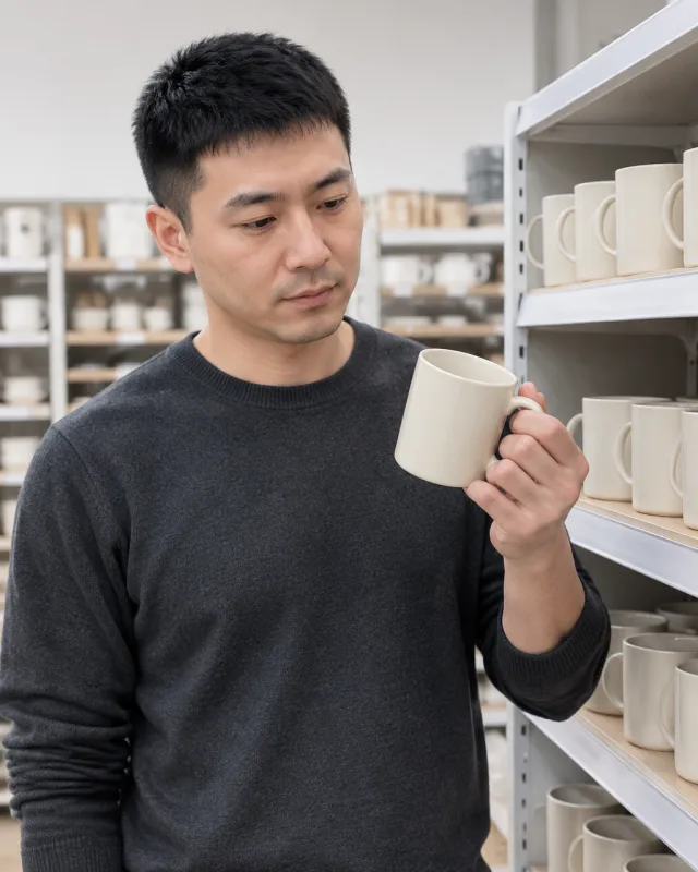 A man with a short black crop holds a plain cream mug beside a shelf of matching mugs.