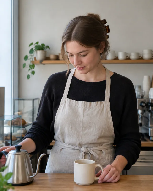 A woman with light brown hair in a clip stands at a cafe counter beside a plain mug and a kettle.