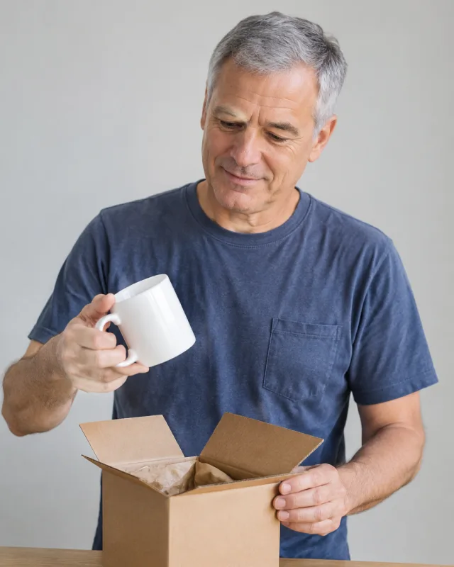 A man with short gray hair lifts a plain ceramic mug from an open blank carton.