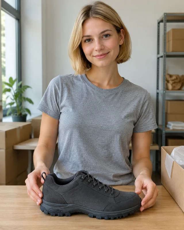 A woman with a short honey-blonde bob sets a plain charcoal hiking shoe on a packing table.