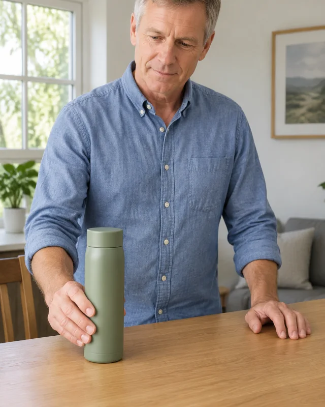 A man with short gray-blonde hair places a plain sage-green thermos on a wooden table.