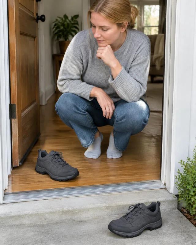 A woman with strawberry-blonde hair in a bun compares two charcoal hiking shoes, one on the oak floor and one on the outside step.