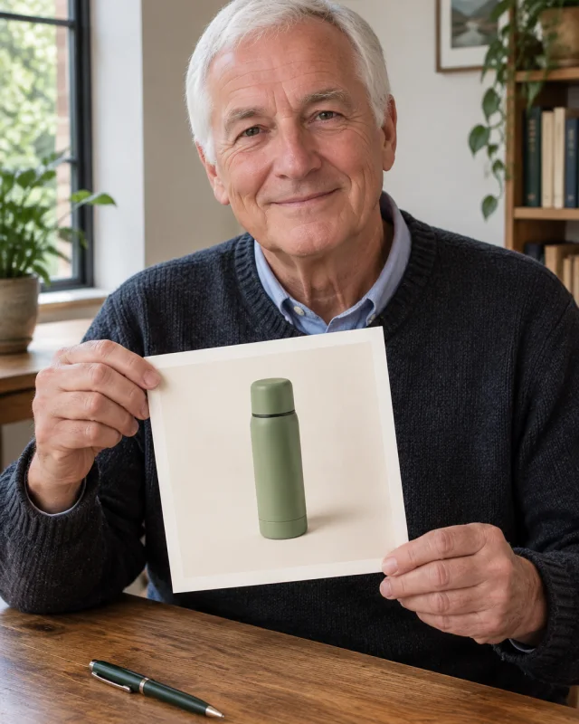 An older man with short white hair holds a square print of a sage thermos with a blank margin, a capped pen on the desk.