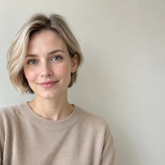 Woman with a short ash-blonde bob wears a plain beige knit top, with empty space beside her.