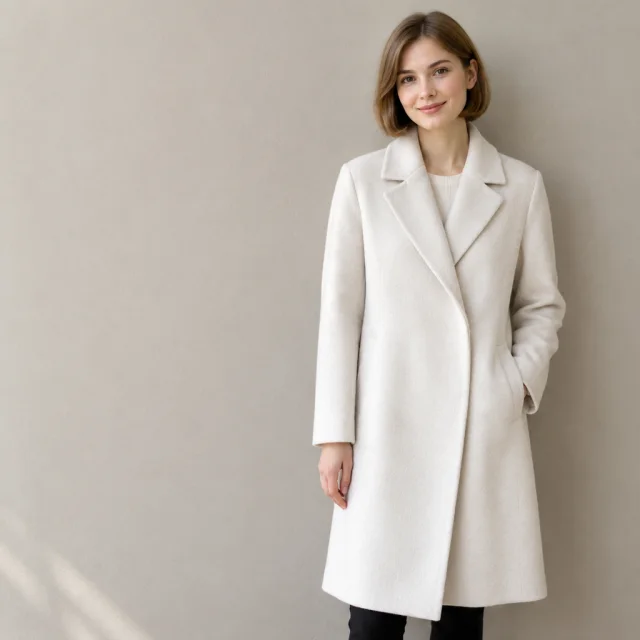Woman with a short light-brown bob wears a plain white wool coat, with empty space beside her.