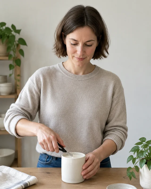 A woman with a short brown bob trims the wick of a plain pale ceramic candle.