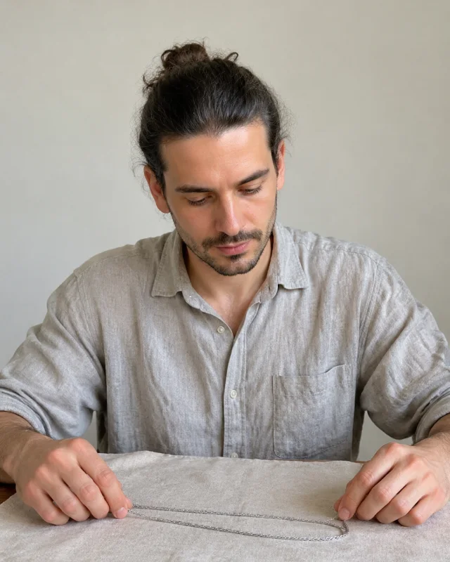 A man with hair in a bun lays a plain silver chain on a linen cloth.