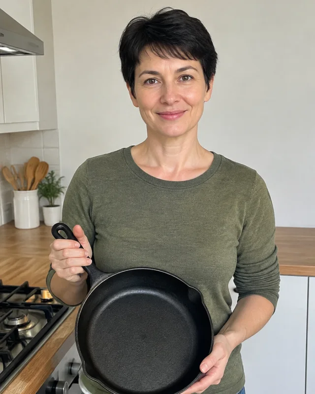 A woman with a short black crop holds a plain cast-iron skillet by the handle.