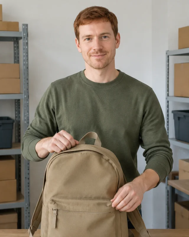 A man with a short auburn crop sets a plain tan backpack on a table in a stock room.