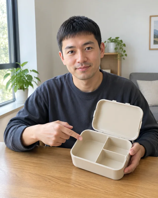 A man with a short black crop points at the empty compartments of an open beige bento box.