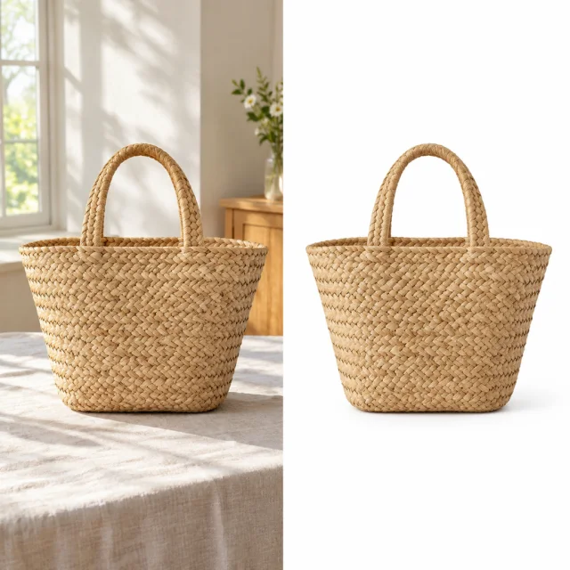 The same woven straw tote sits on a linen table and, beside that, on pure white.