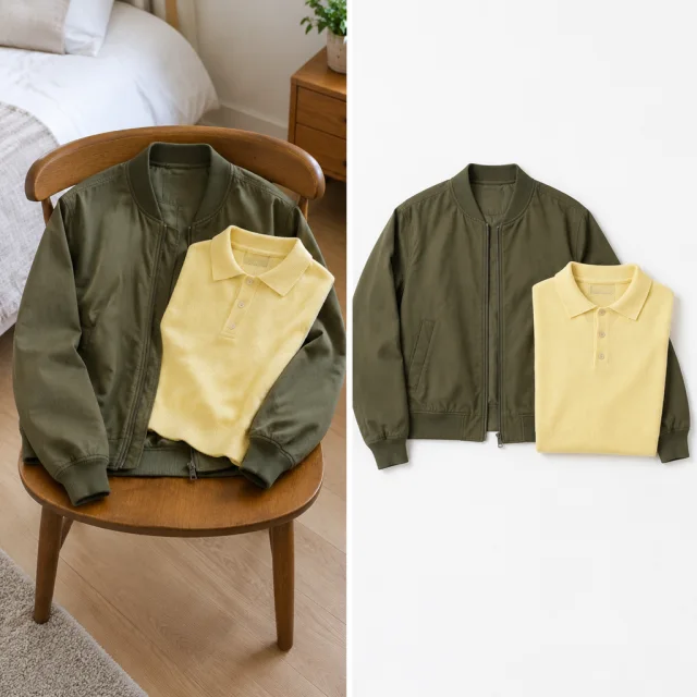 An olive bomber and a yellow polo lie on a wooden chair and, beside that, on pure white.