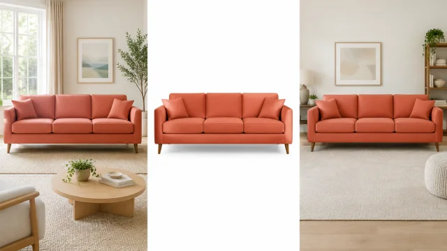 The same coral three-seat sofa appears in a living room, on pure white, and in a second room.