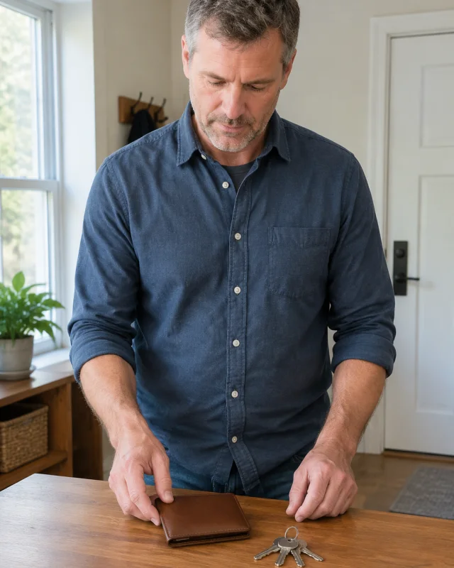 Adult man with short gray-brown hair sets a plain brown wallet on a desk next to metal keys.