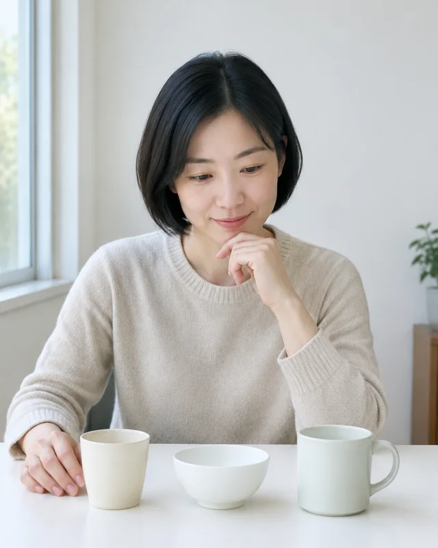 Adult woman with a short black bob looks at a cup, a bowl, and a mug on a white table.