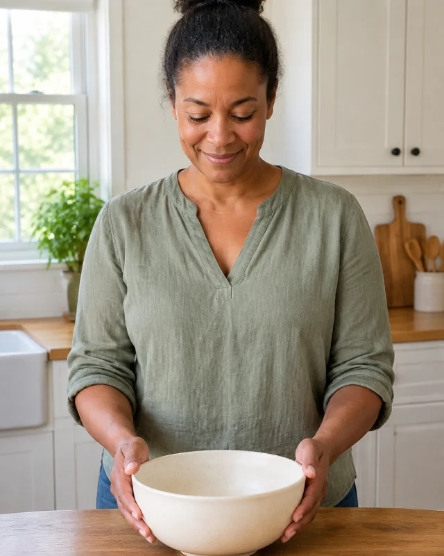 Adult woman with hair in a bun lifts a cream stoneware bowl off a wood kitchen table.