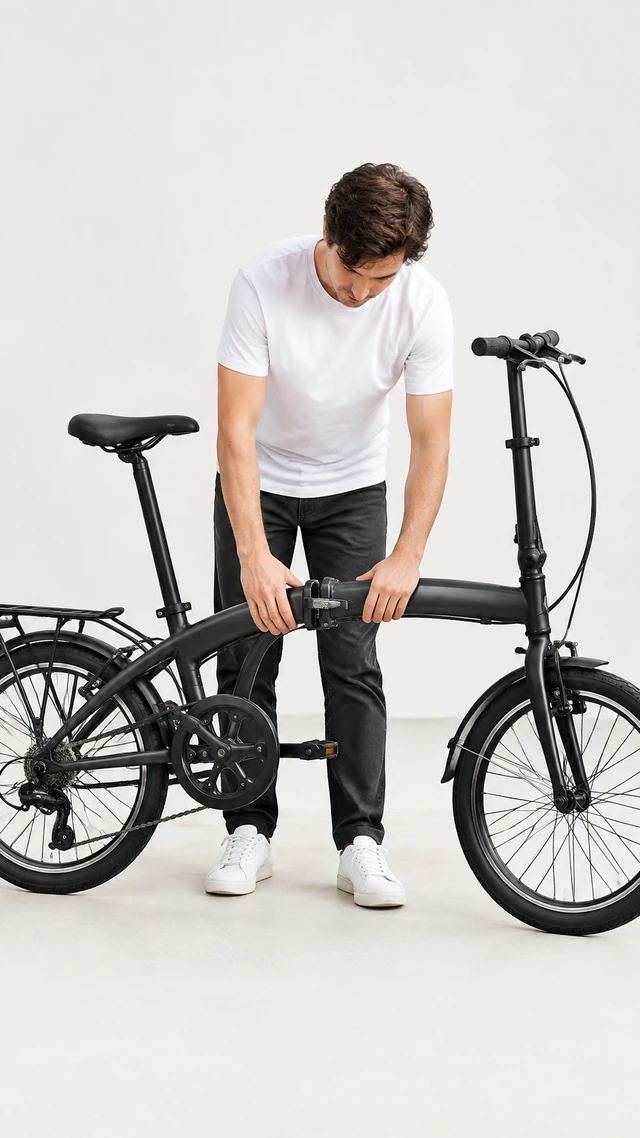Hands unfold a plain dark folding bicycle and inspect its central hinge.