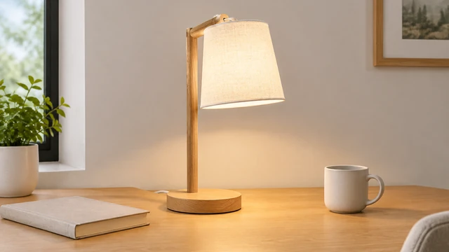 Warm oak desk lamp turns on beside a book and a plain ceramic mug.