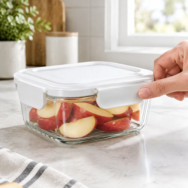 Hand presses the side latch of a clear glass lunch container with a plain white lid.