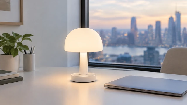 Plain white portable table lamp glows on a desk beside a closed laptop.