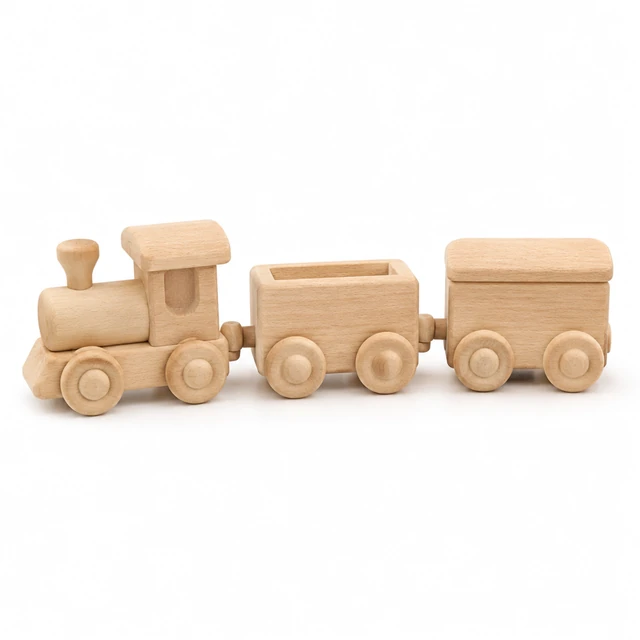 Natural wooden toy train set arranged together on pure white.