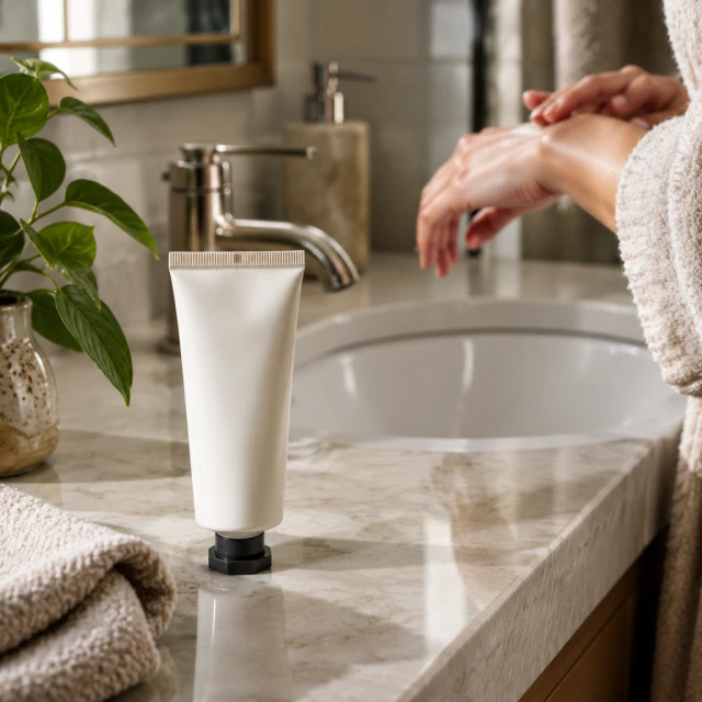 Hand cream tube by a bathroom sink.
