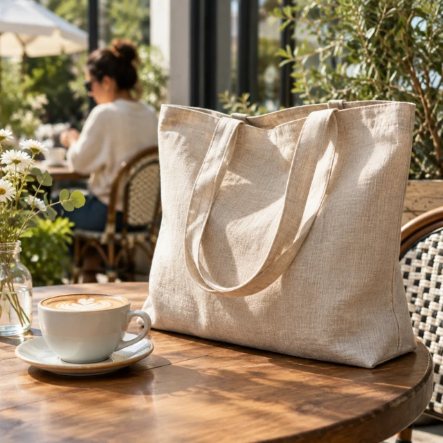 Linen tote bag beside a coffee cup at a sunny cafe.