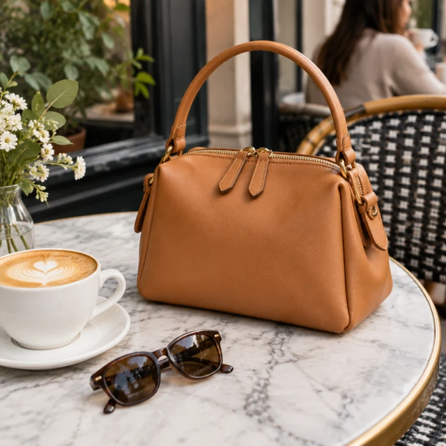 Tan leather handbag on a marble cafe table beside a latte and a pair of sunglasses