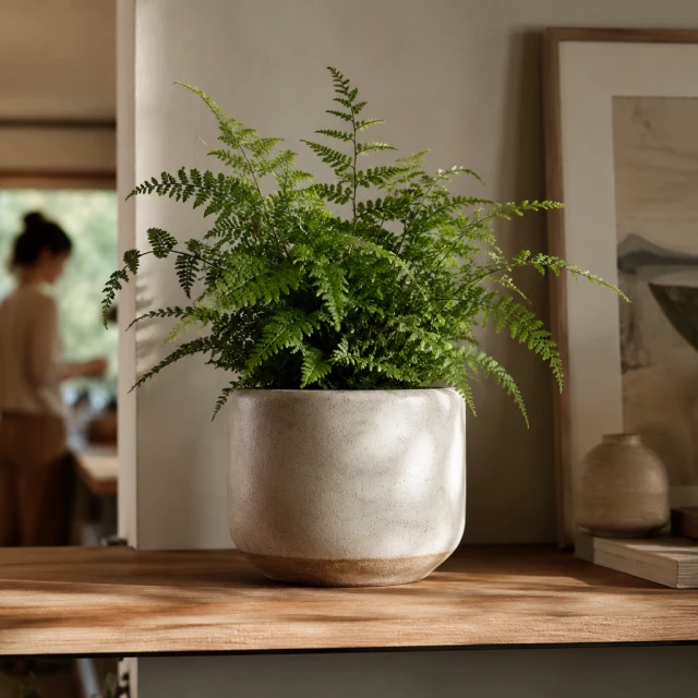 Ceramic planter with a fern on a styled living-room shelf.