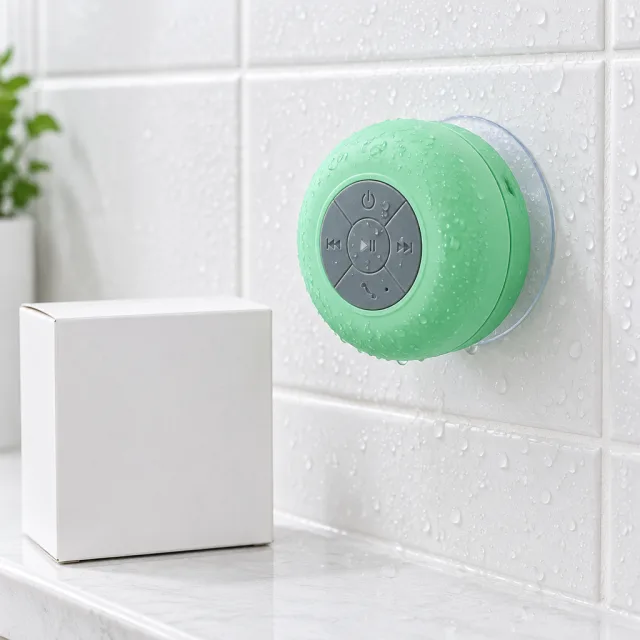 A creator presses a mint-green speaker onto bathroom tile and turns her shower into a concert, steam, water and all.