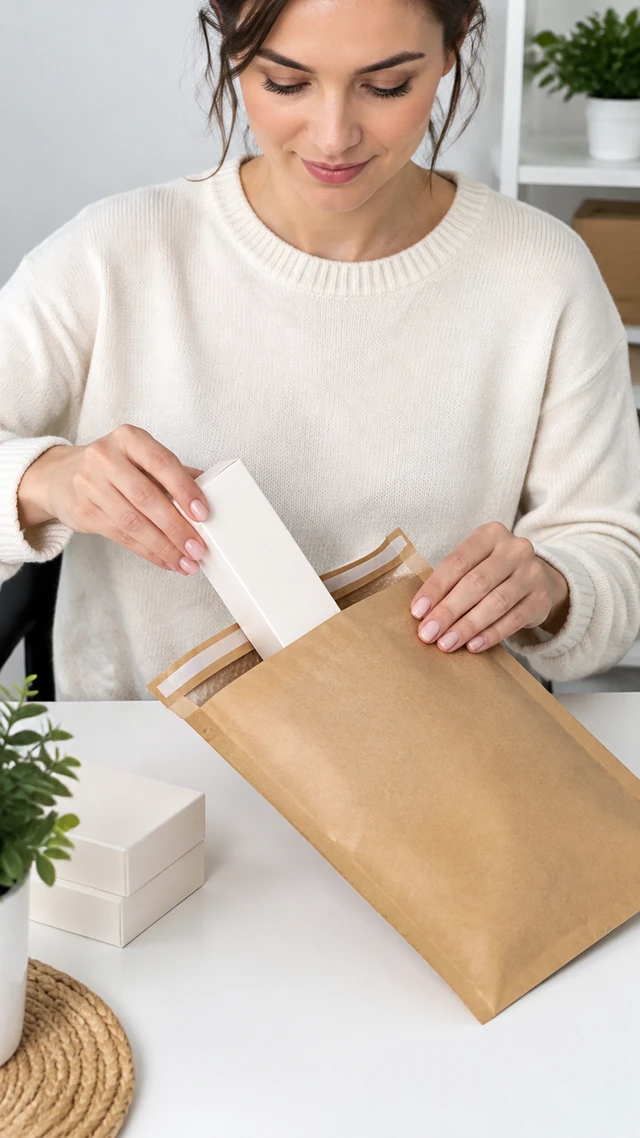 An adult packs a plain unbranded skincare carton into a kraft mailer on a clean table.