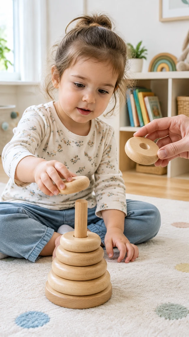 A child plays with a plain wooden stacking toy while an adult hand demonstrates one piece.