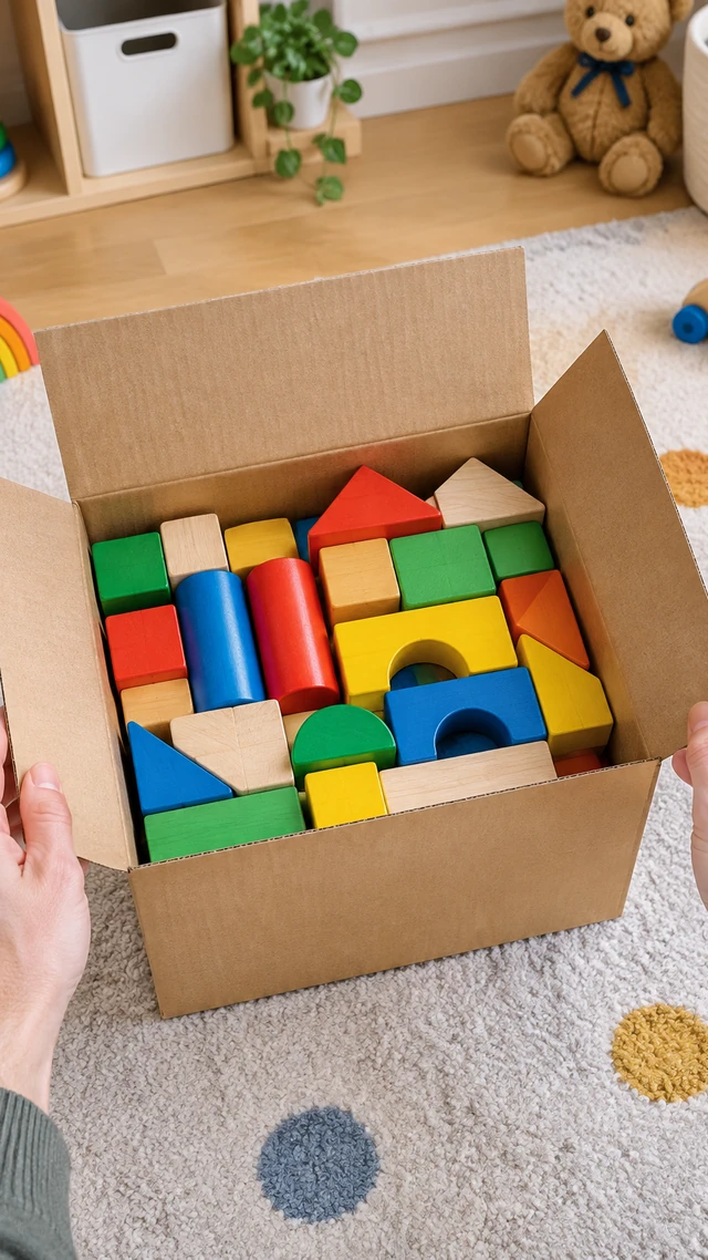 Adult hands open a plain box of colorful wooden building blocks with no letters or logos.