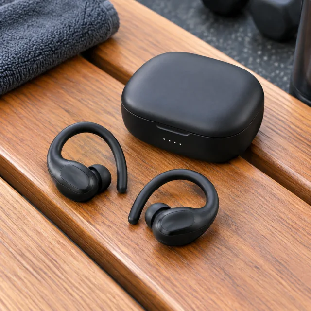 A second park-path take for the open-ear sports earbuds: steps, a mid-run call and a sip of water, with the earbuds staying put the whole time.