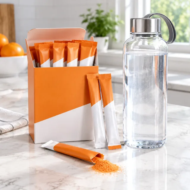 She tears an orange stick pack into her water bottle, watches it fizz and drinks her new morning ritual.