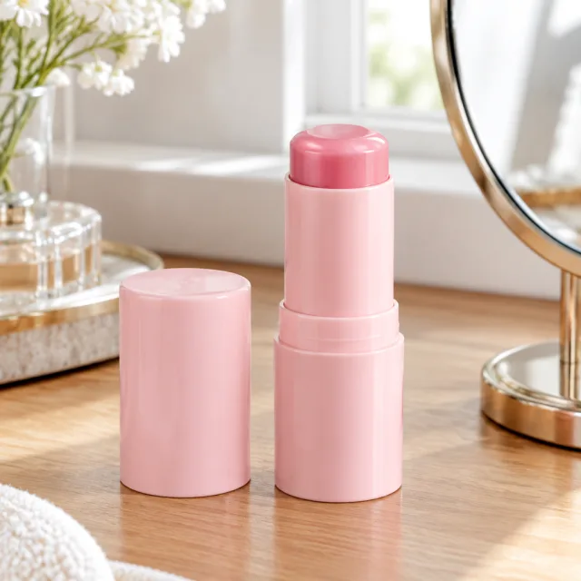 One pink stick does both: she swipes it on her lips for tint, then dots it on her cheeks for a fresh flush.