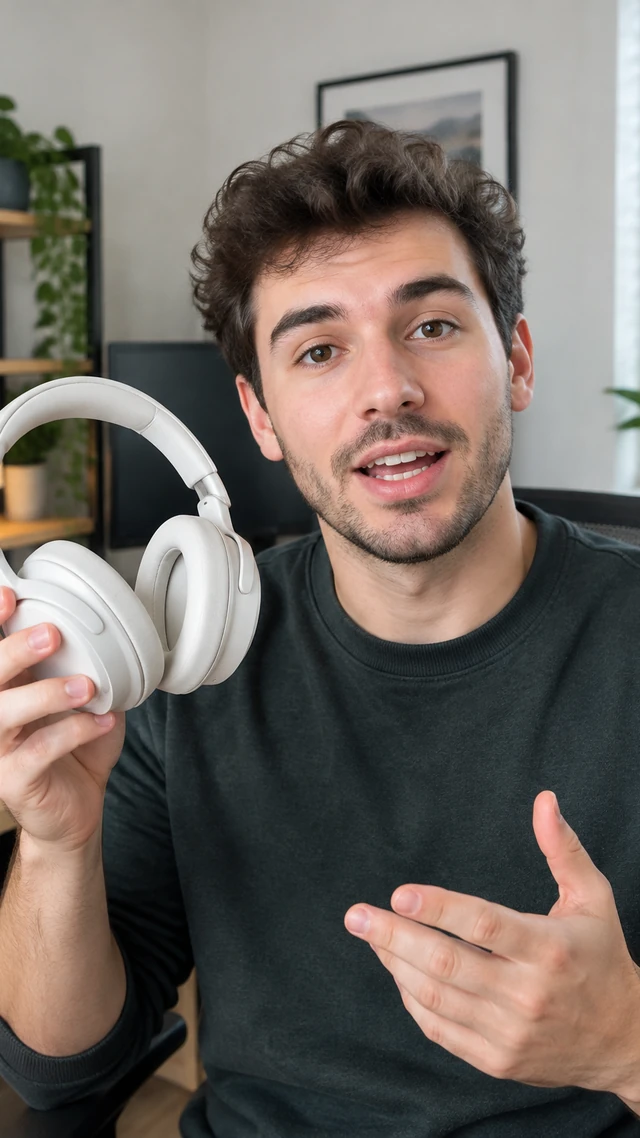 An adult male creator in a tidy home office holds plain over-ear headphones and speaks to camera.