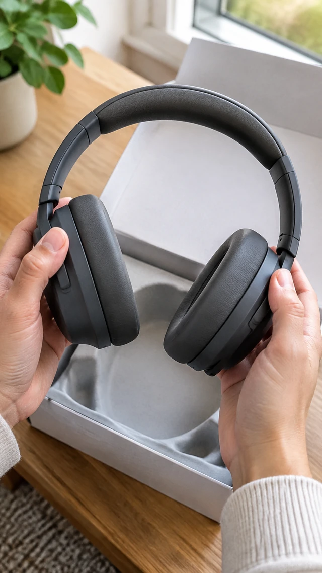 Adult hands open a clean box and lift plain charcoal headphones toward the lens.