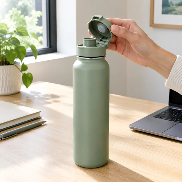 Sage-green insulated bottle on a bright work desk.
