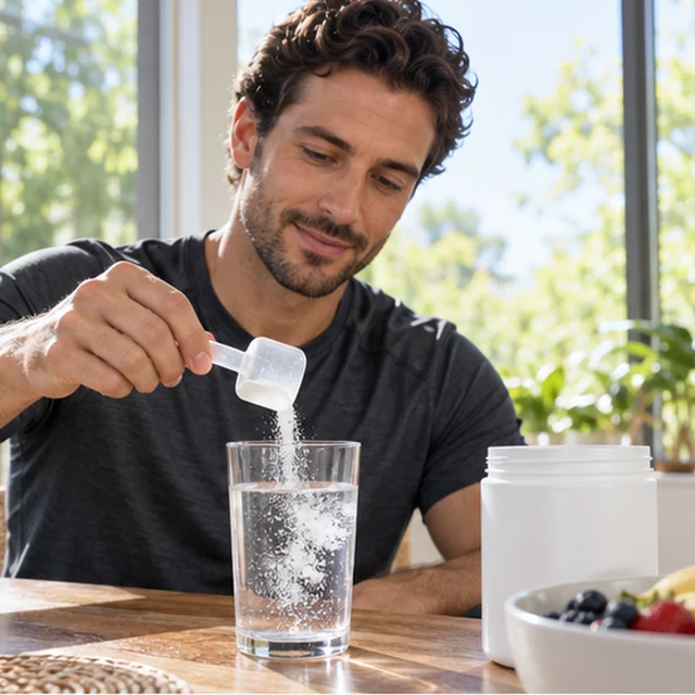Adult fitness creator adds hydration mix to a glass of water.
