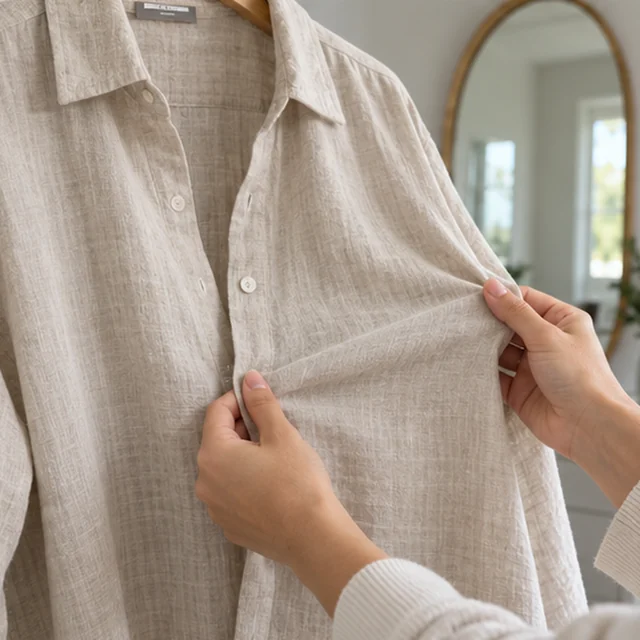 Adult hands stretch a plain linen shirt to show its drape.