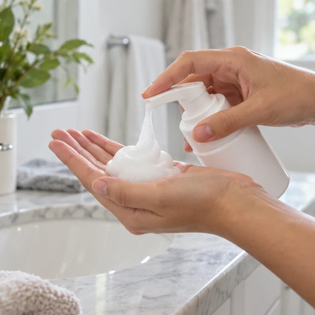 Adult hand presses a cleanser pump into an open palm at a bright sink.