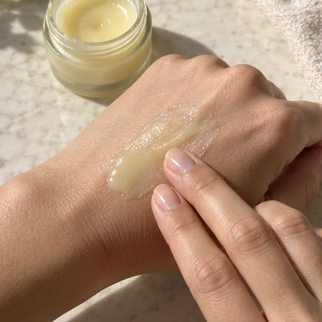Adult hand smooths a balm swatch across the back of another hand.